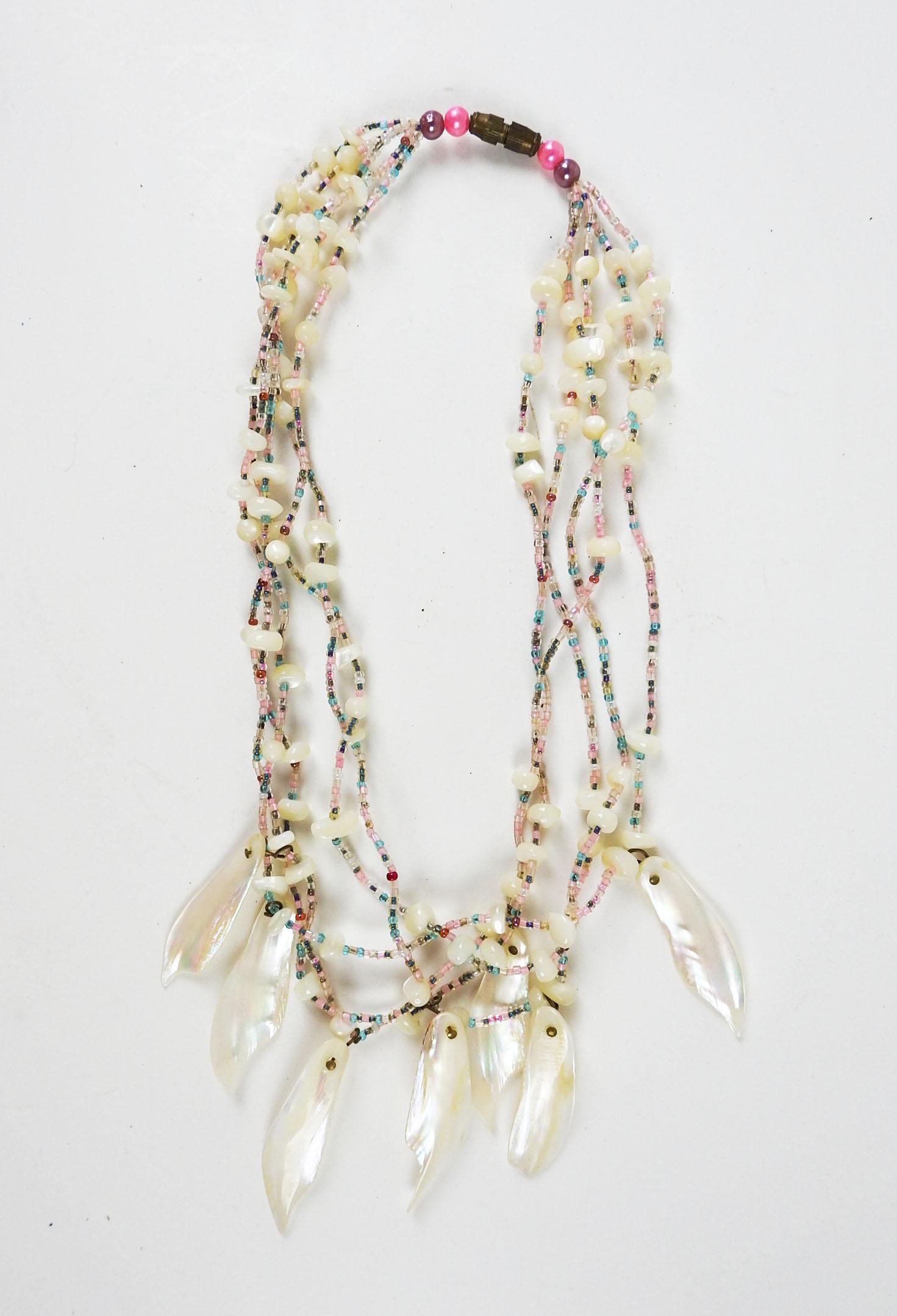 Bohemian Vintage 1990s Artist Made Mother of Pearl Beaded Necklace For Sale