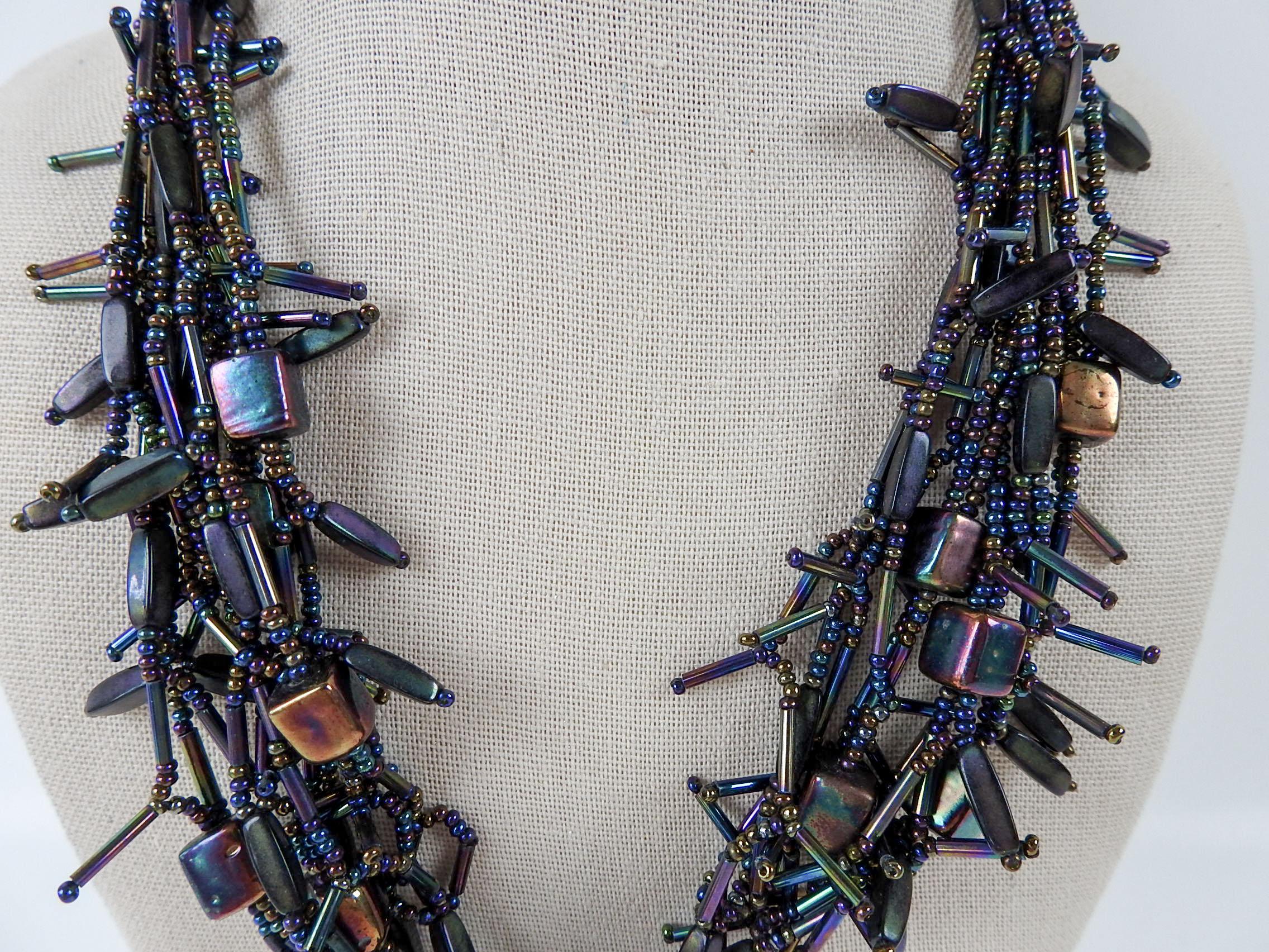 American Vintage 1990s Artist Made Purple Iridescent Beaded Necklace For Sale