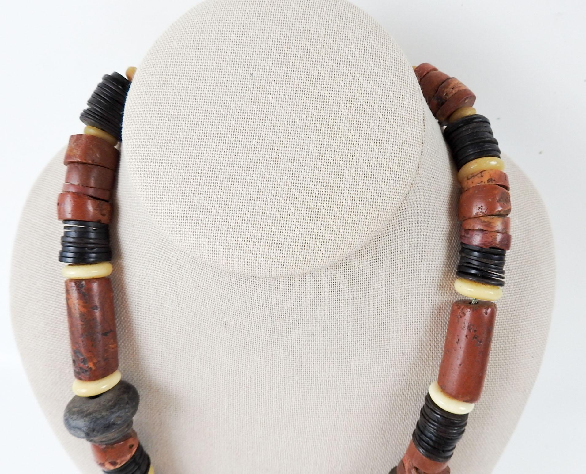 American Vintage 1990s Artist Made Tribal Bauxite Pottery Beaded Necklace For Sale