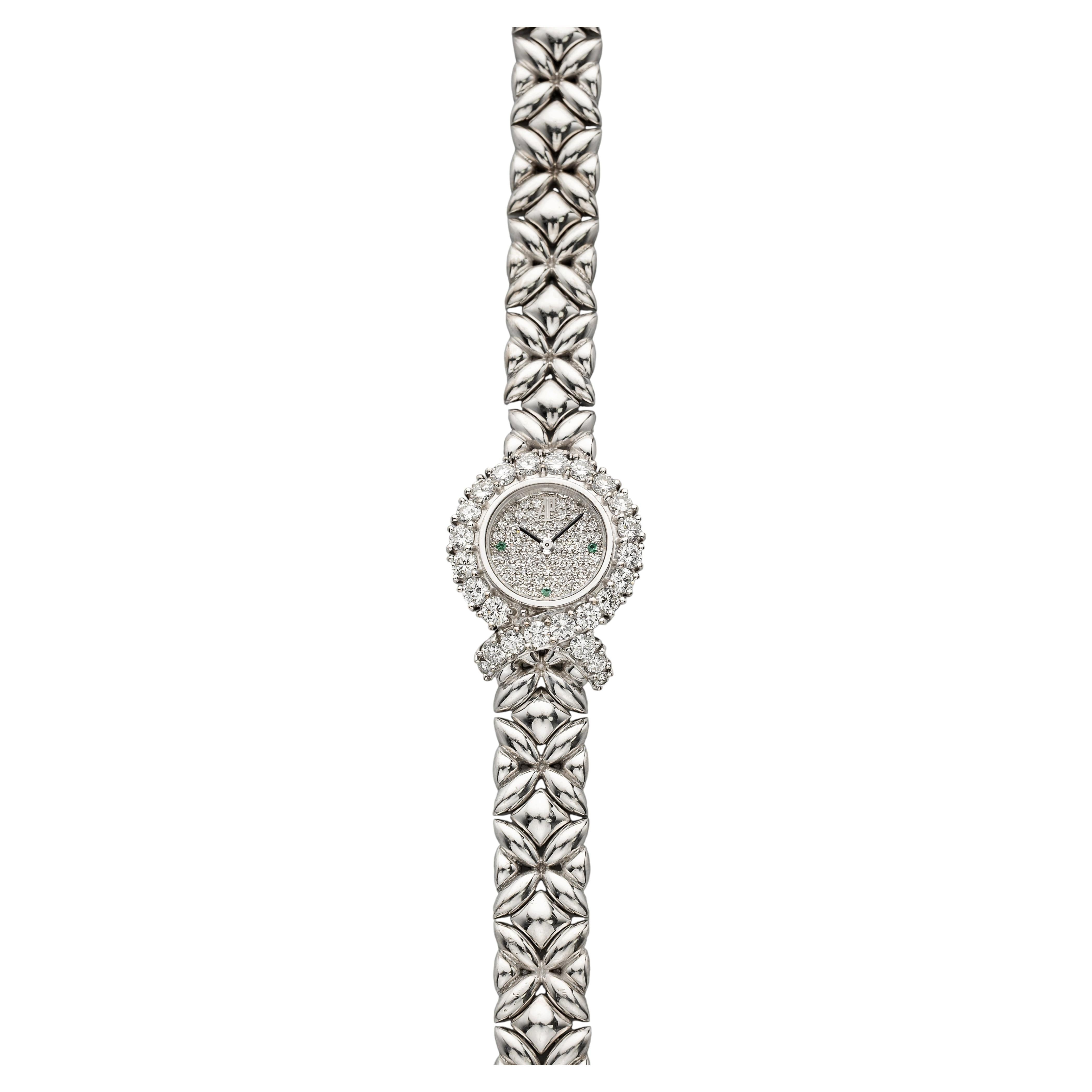 Vintage 1990s Audemars Piguet 18K WG Diamond Dial Emerald Indices Quartz 20mm For Sale