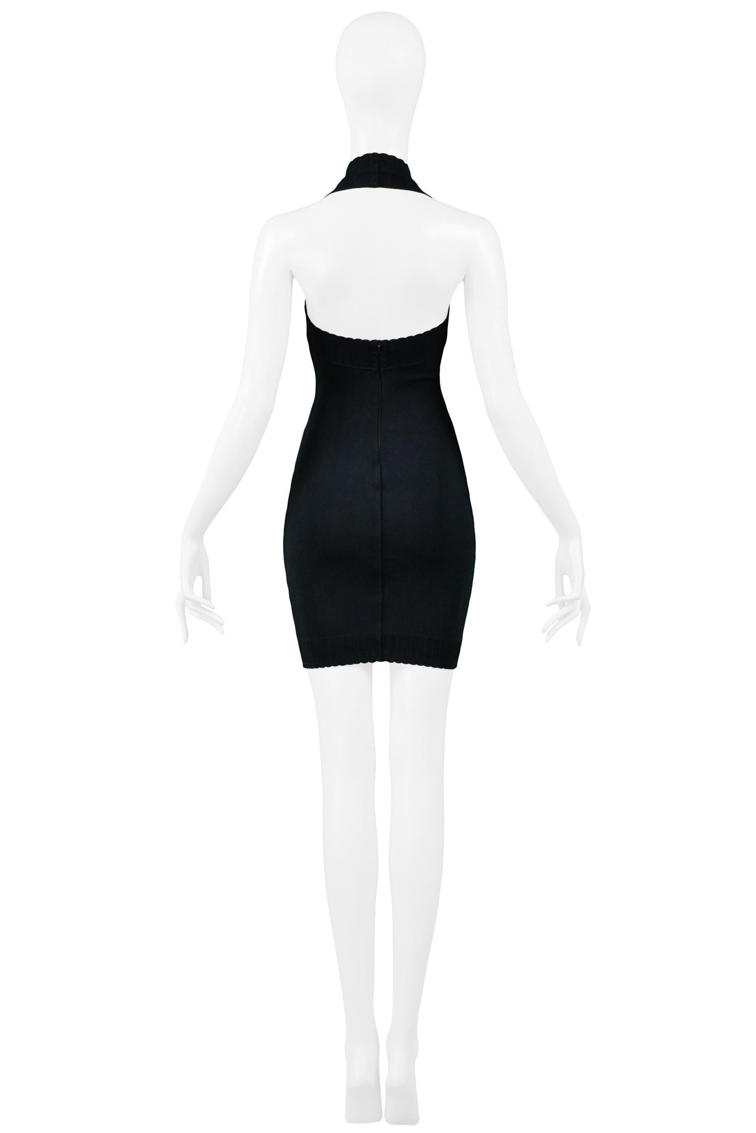 Vintage 1990s Azzedine Alaia Black Body-con Scalloped Halter Dress In Good Condition In Los Angeles, CA