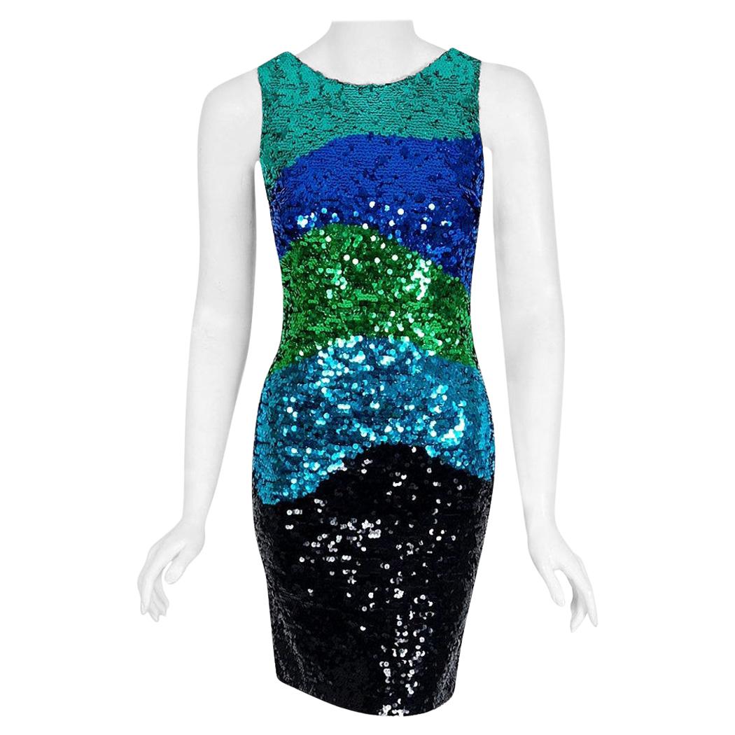 Vintage 1990's Bergdorf Goodman Couture Blue Ombre Sequin Bodycon Mini Dress