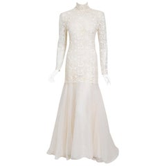 Vintage 1990's Bernard Perris Couture Ivory Lace Silk Long Sleeve Low-Back Gown