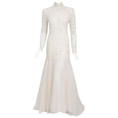 Retro 1990's Bernard Perris Couture Ivory Lace Silk Long Sleeve Low-Back Gown