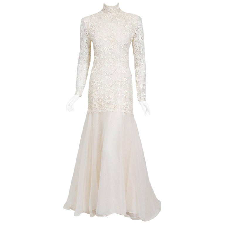 Vintage 1990's Bernard Perris Couture Ivory Lace Silk Long Sleeve Low-Back Gown For Sale