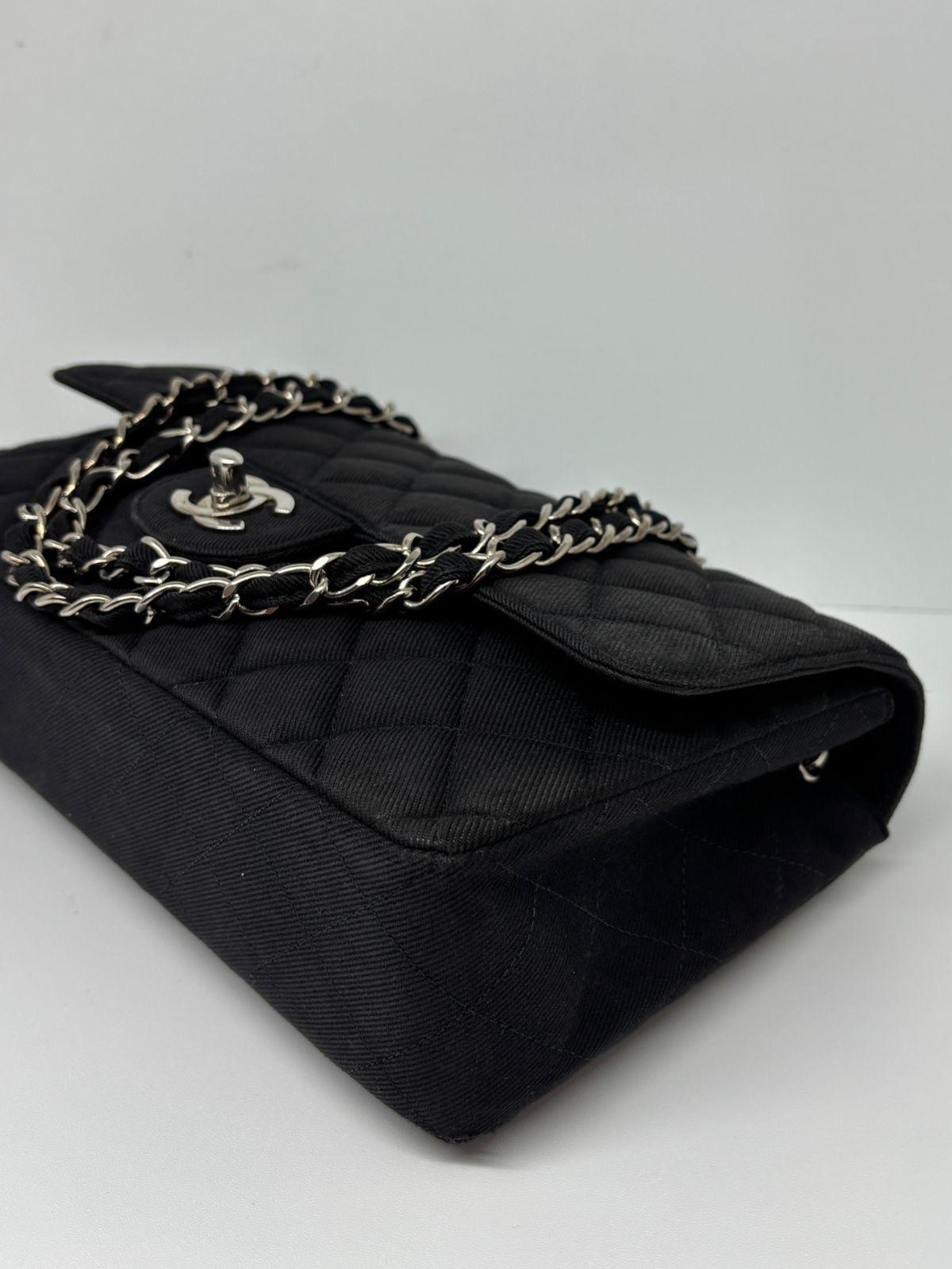 Vintage 1990s Black Canvas Quilted Classic Medium Shoulder Single Flap Bag For Sale 7