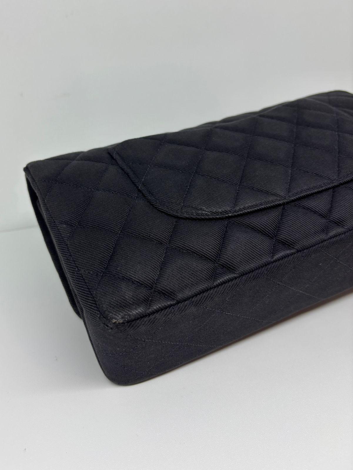 Vintage 1990s Black Canvas Quilted Classic Medium Shoulder Single Flap Bag For Sale 13