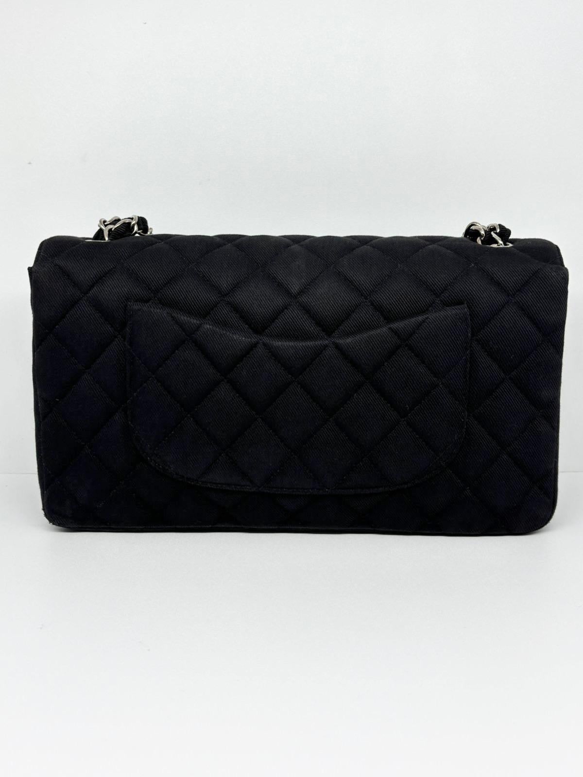 Vintage 1990s Black Canvas Quilted Classic Medium Shoulder Single Flap Bag For Sale 14