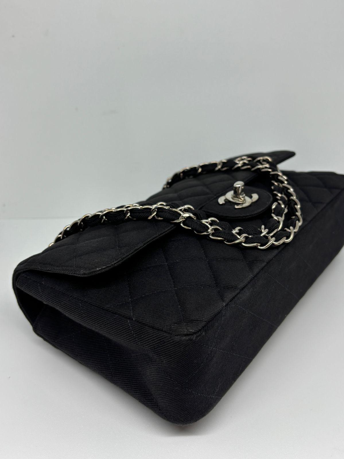Vintage 1990s Black Canvas Quilted Classic Medium Shoulder Single Flap Bag For Sale 1