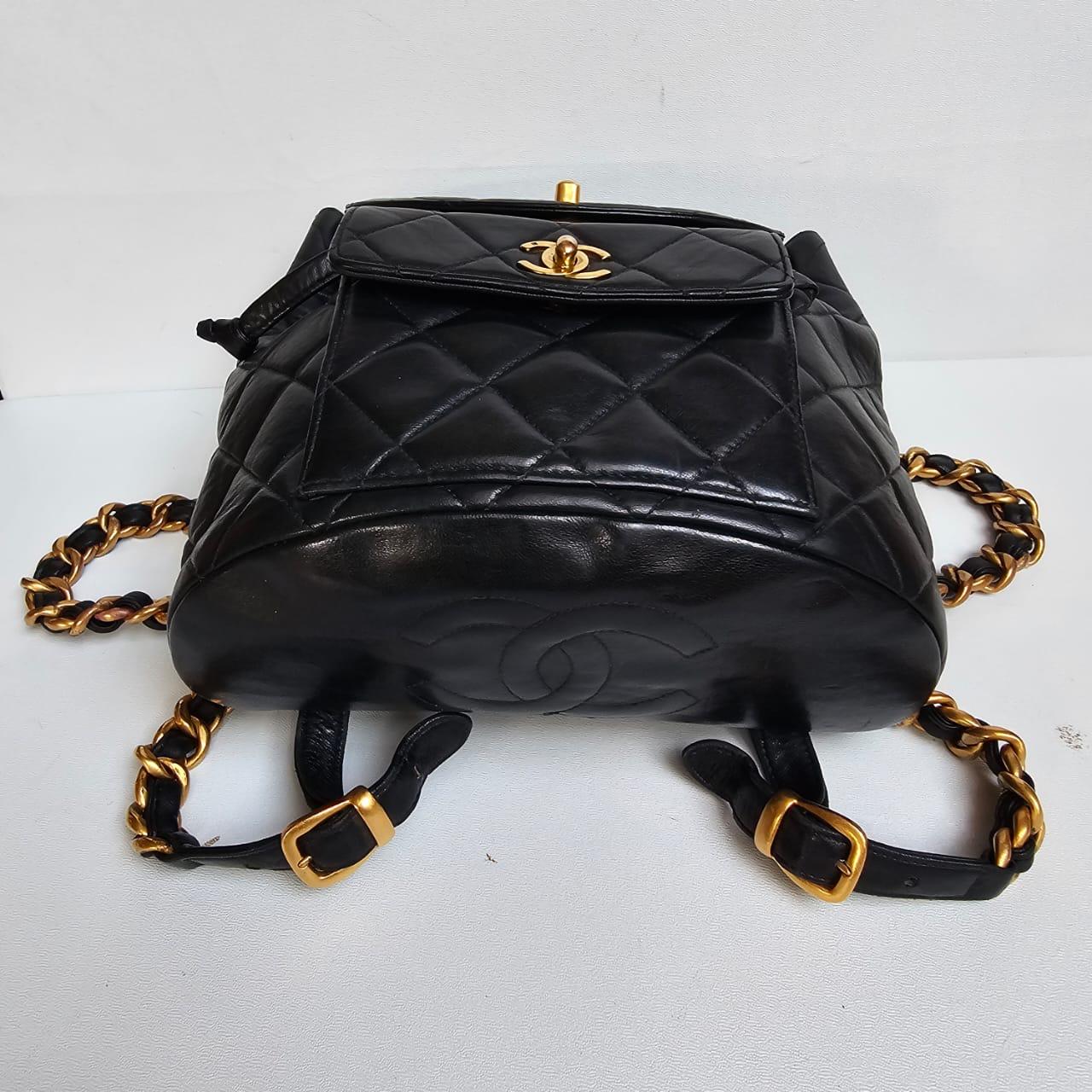 Vintage 1990s Black Lambskin Quilted Duma Backpack For Sale 11