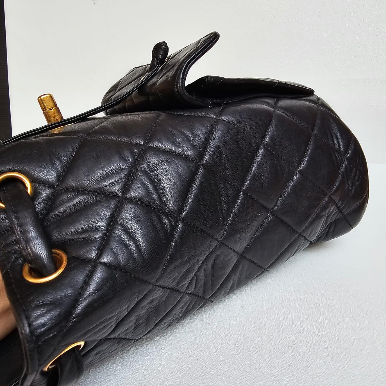 Vintage 1990s Black Lambskin Quilted Duma Backpack For Sale 12
