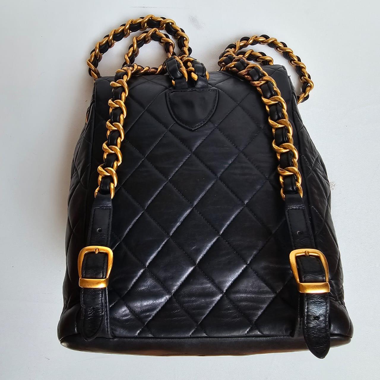 Vintage 1990s Black Lambskin Quilted Duma Backpack For Sale 14