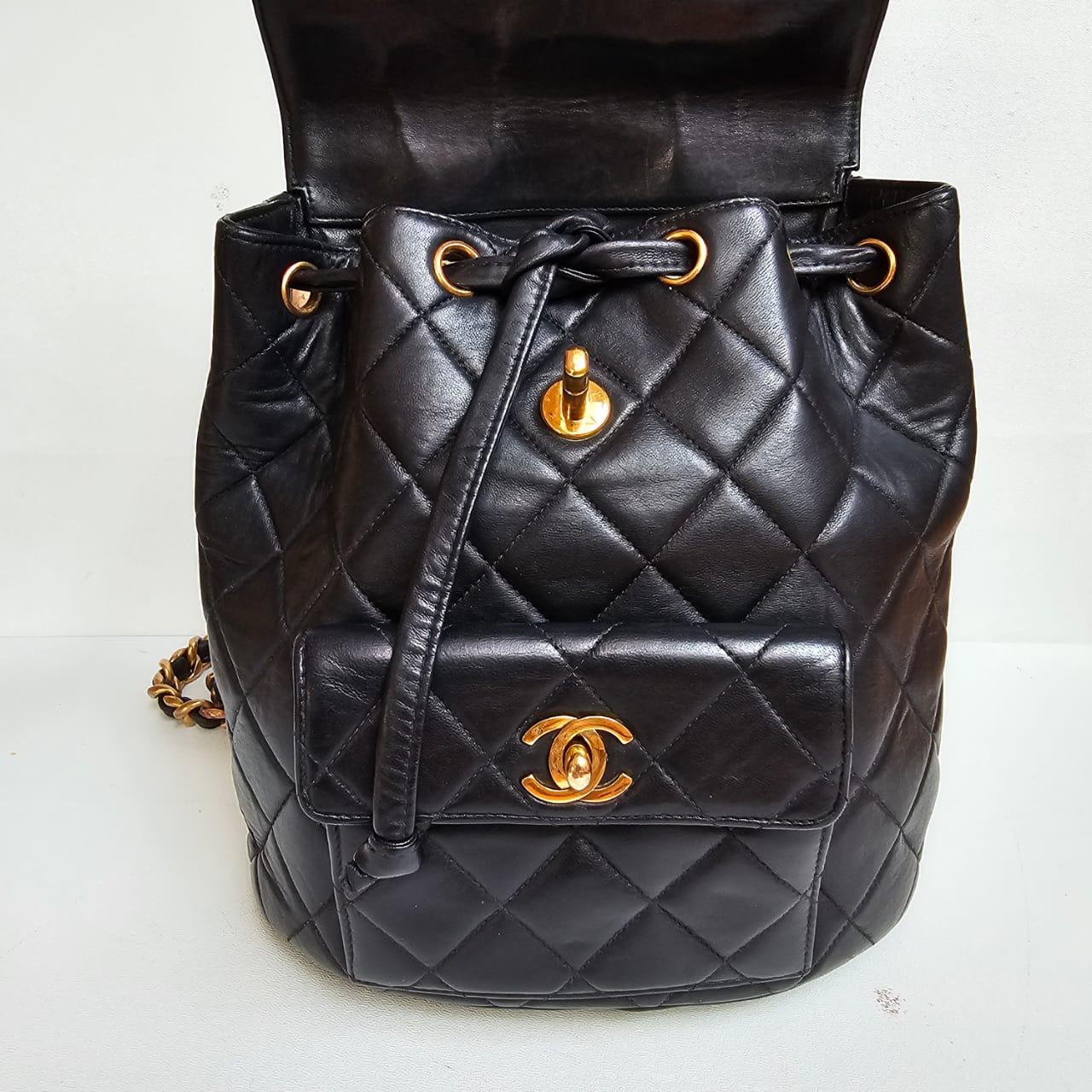 Vintage 1990s Black Lambskin Quilted Duma Backpack For Sale 15