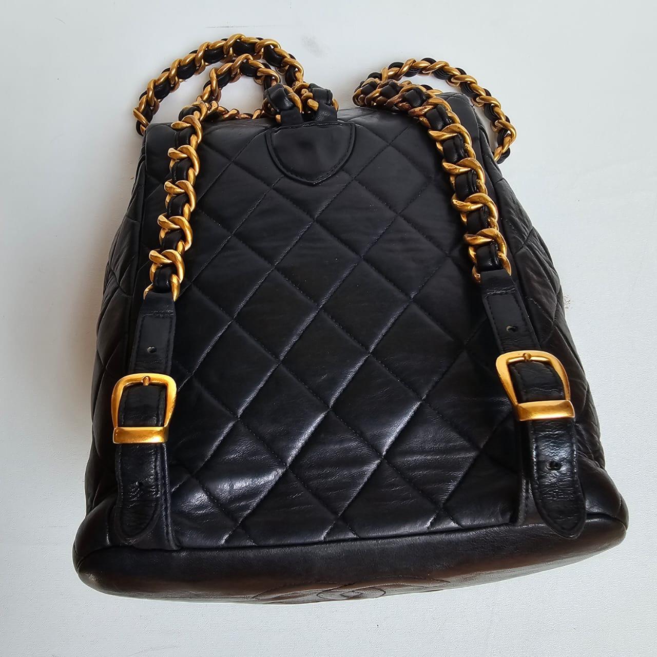 Vintage 1990s Black Lambskin Quilted Duma Backpack For Sale 4