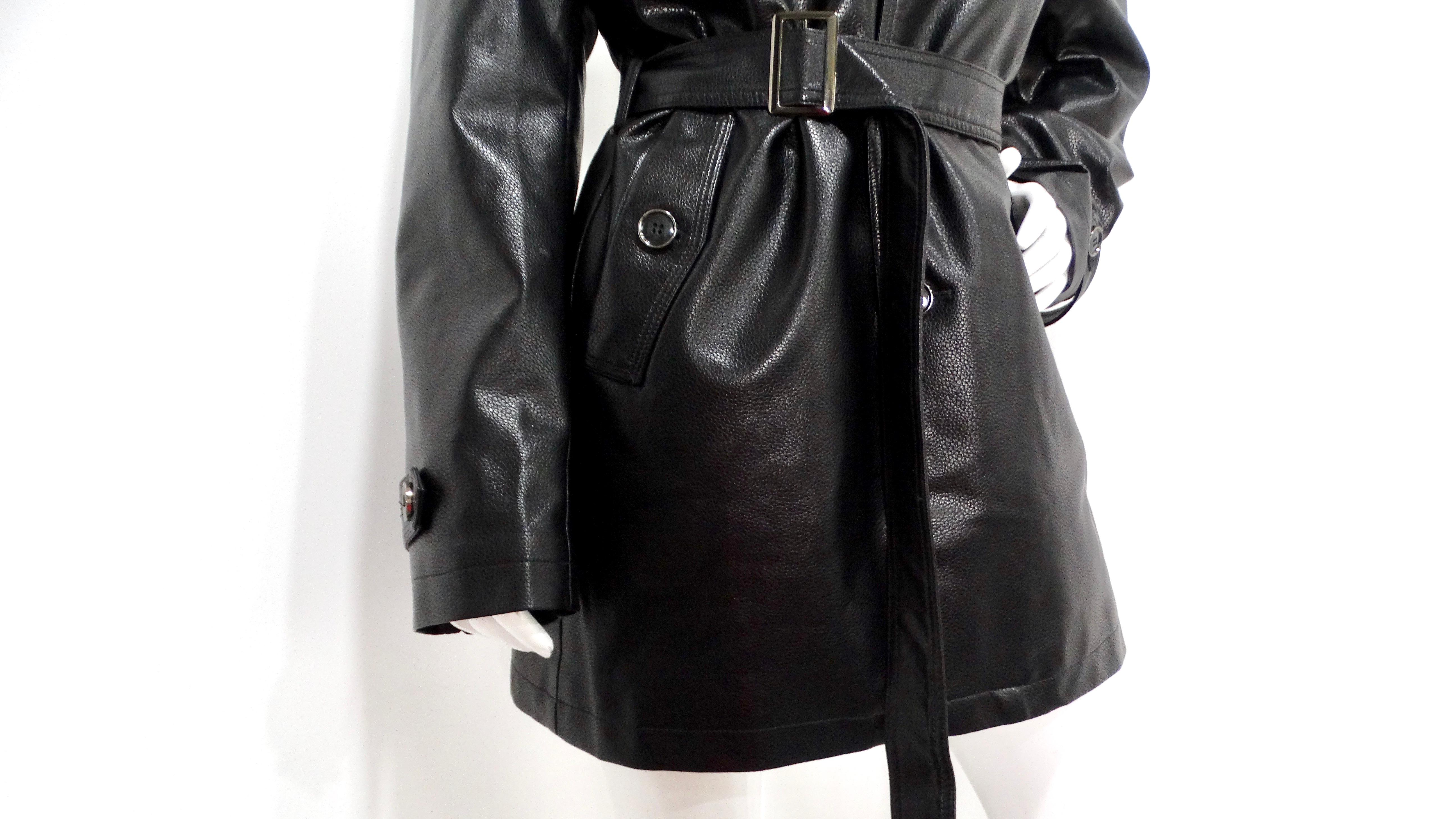 Vintage 1990s Black Leather Trench Mini Dress Jacket With Belt In Good Condition For Sale In Scottsdale, AZ