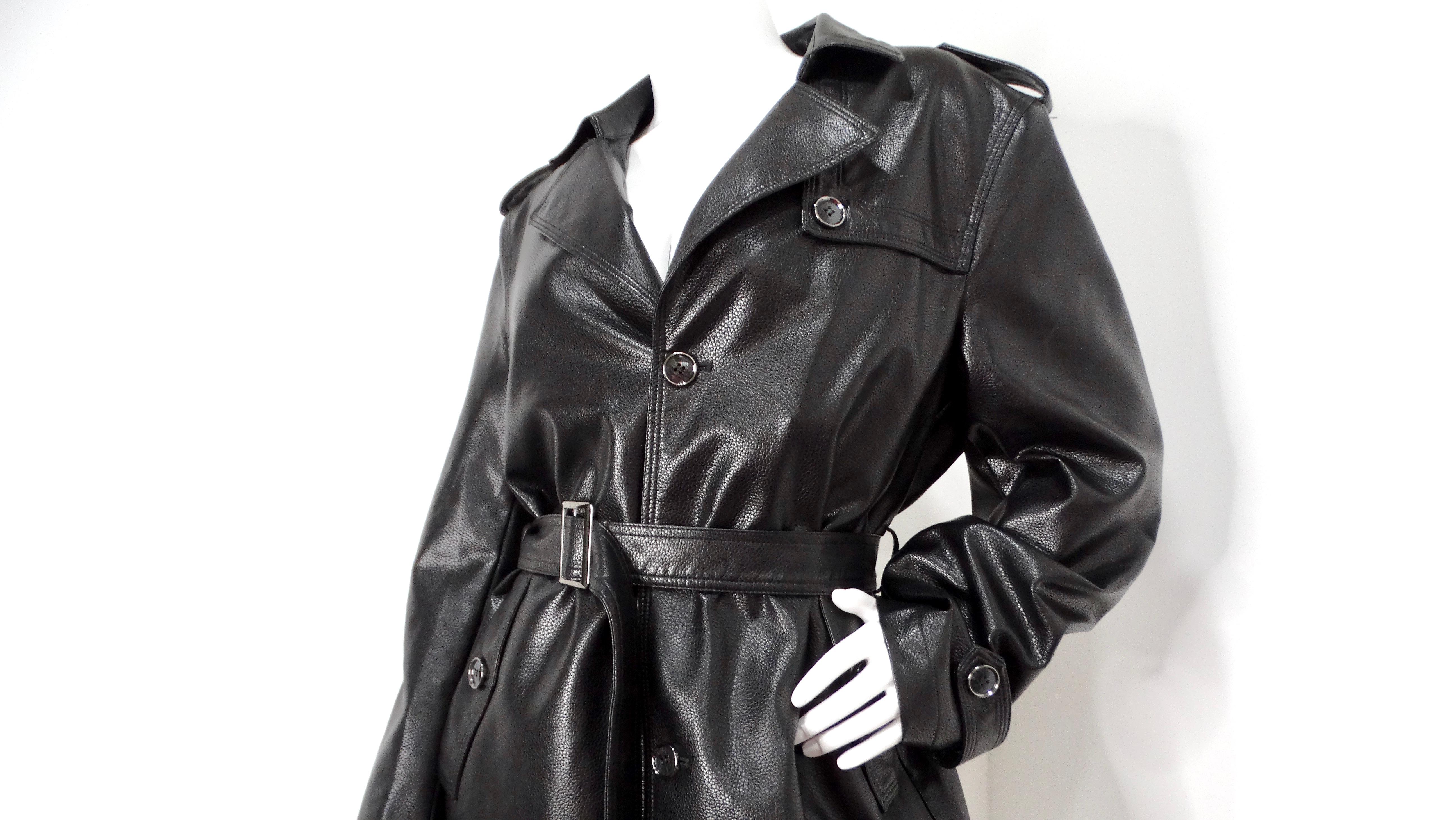 Women's Vintage 1990s Black Leather Trench Mini Dress Jacket With Belt For Sale