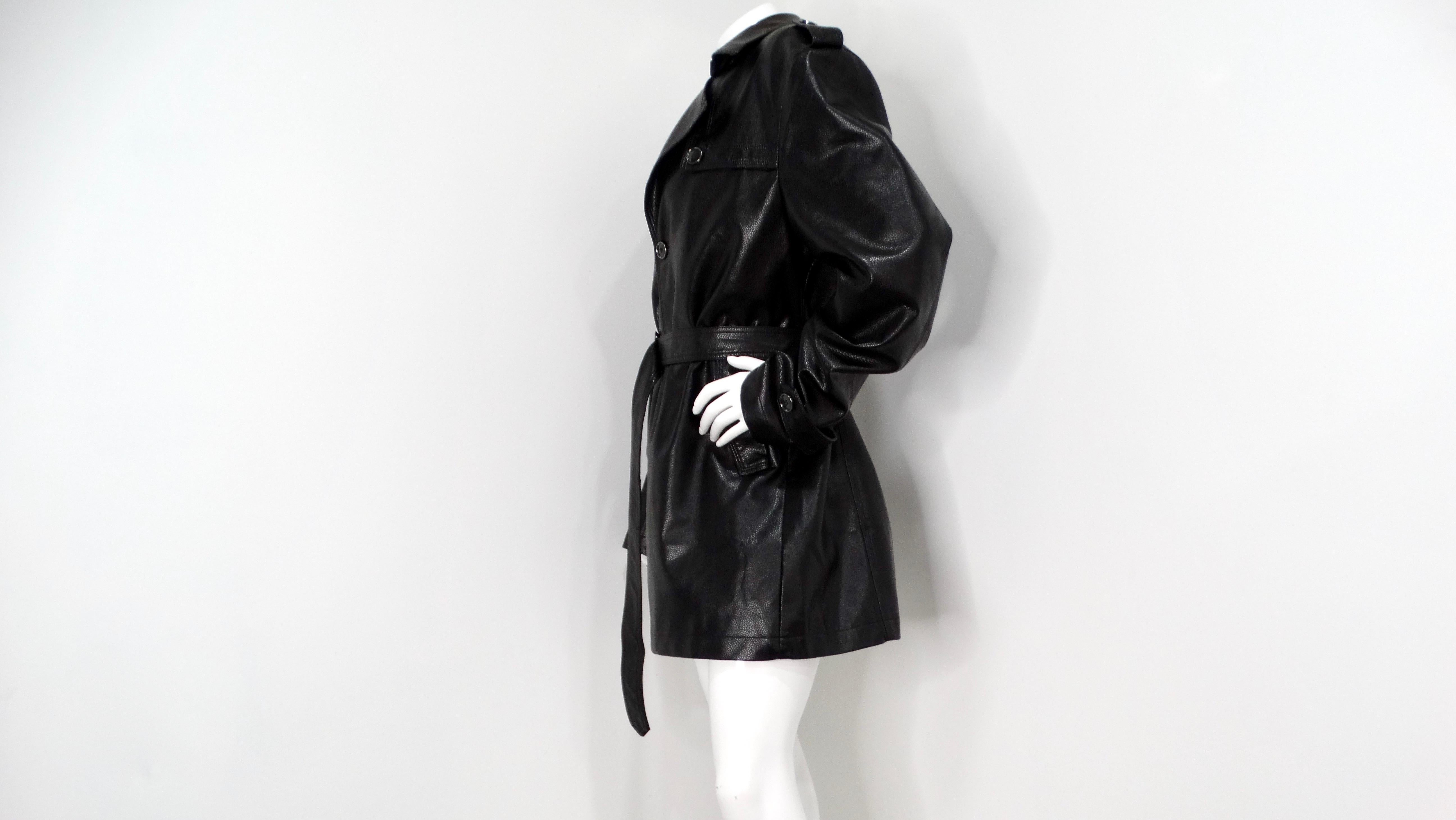 Vintage 1990s Black Leather Trench Mini Dress Jacket With Belt For Sale 1