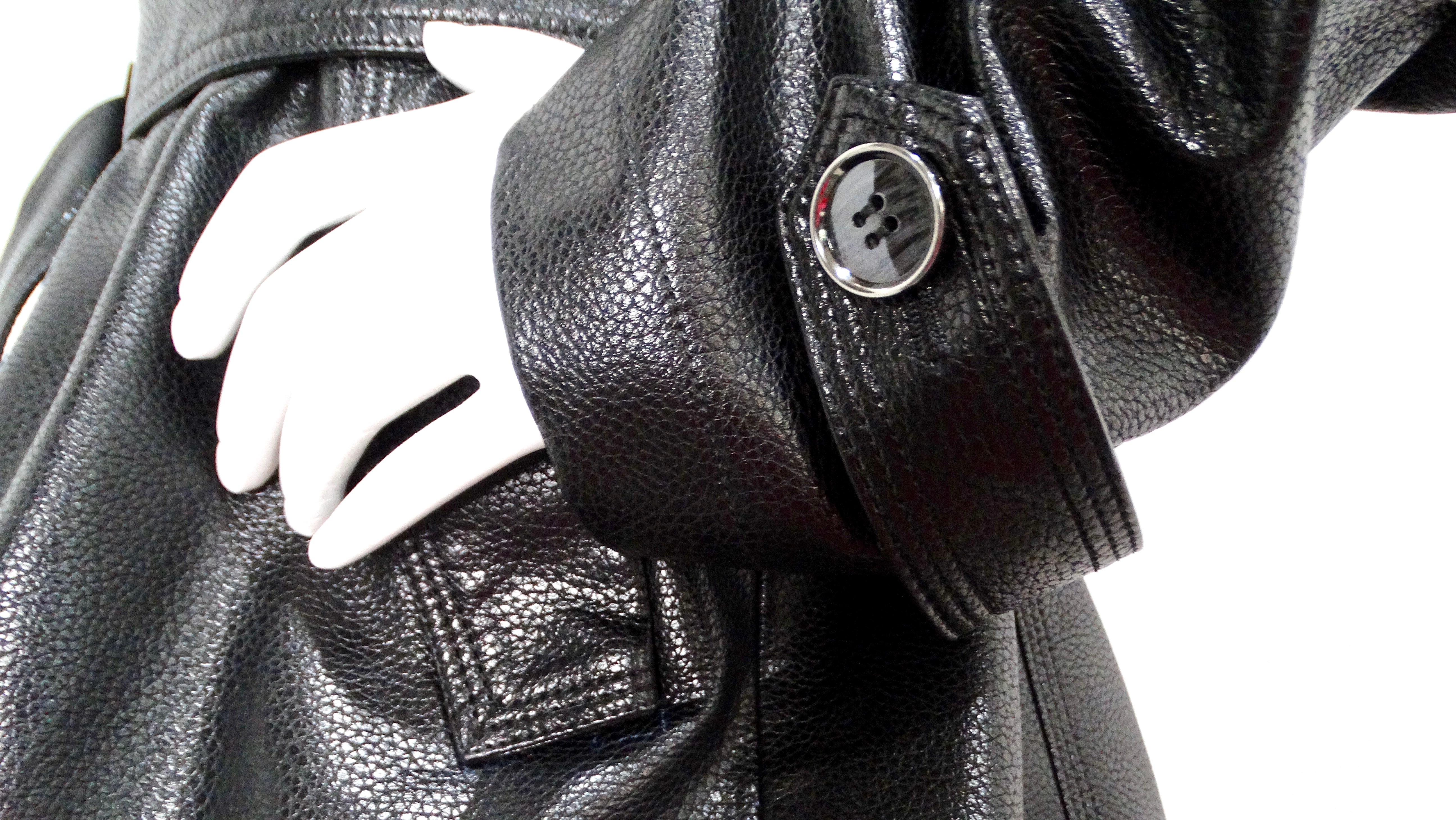 Vintage 1990s Black Leather Trench Mini Dress Jacket With Belt For Sale 2