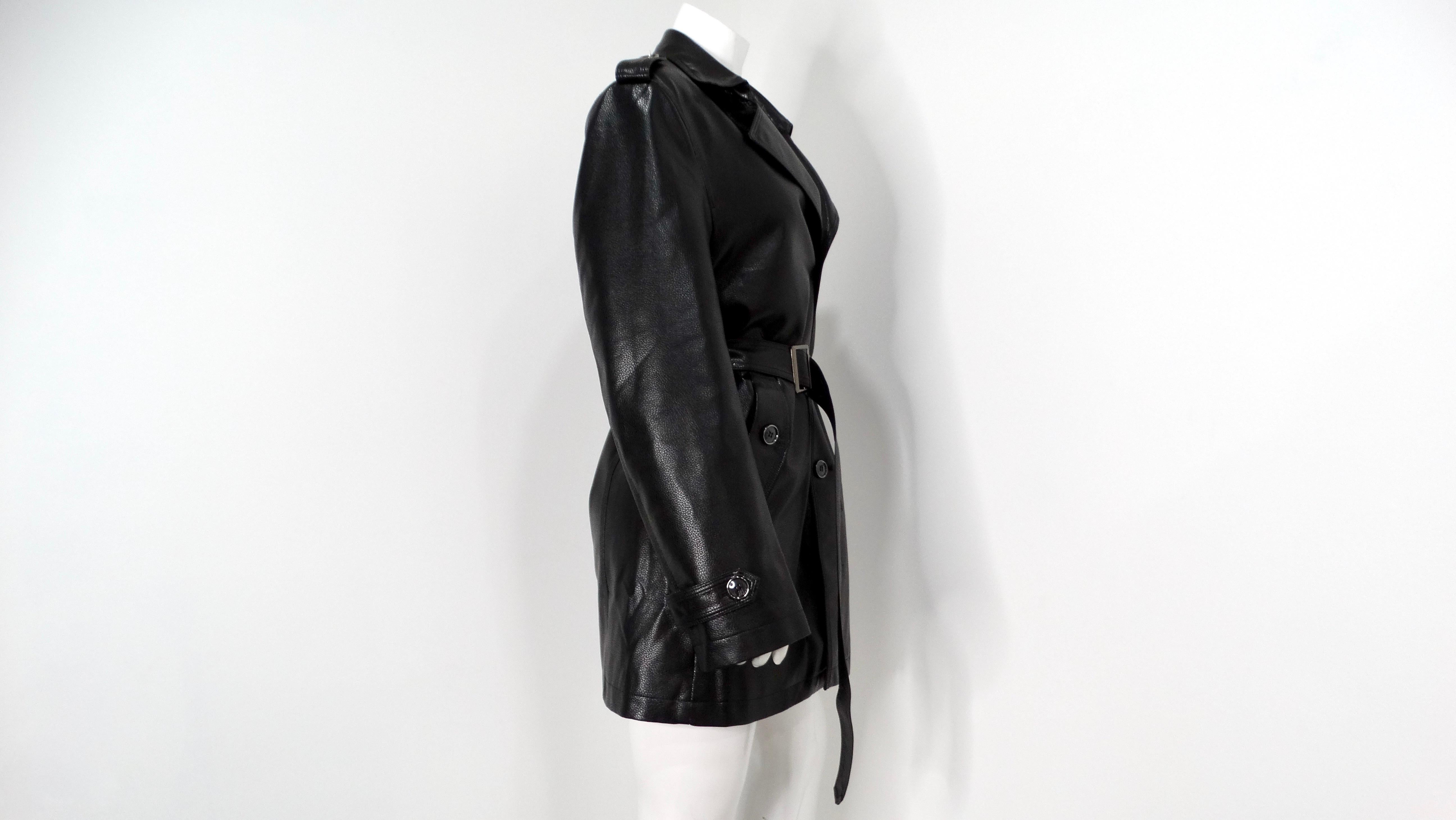 Vintage 1990s Black Leather Trench Mini Dress Jacket With Belt For Sale 3