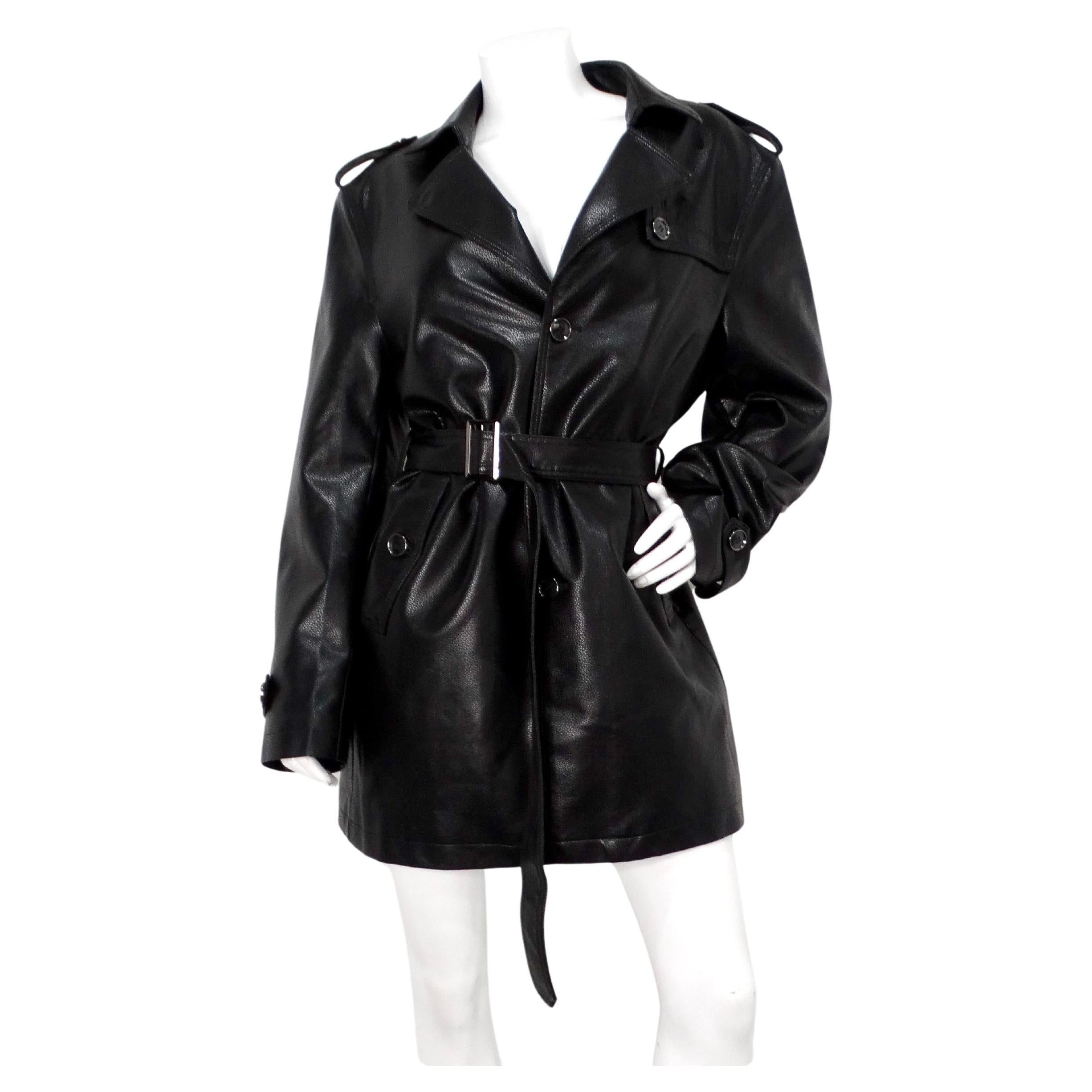 Vintage 1990s Black Leather Trench Mini Dress Jacket With Belt For Sale