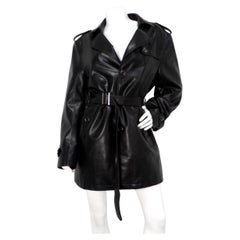 Vintage 1990s Black Leather Trench Mini Dress Jacket With Belt