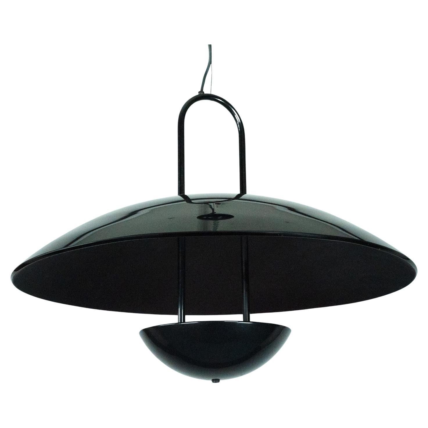 Vintage 1990s Black Pendant Lamp with Glass Top Shade. Italy