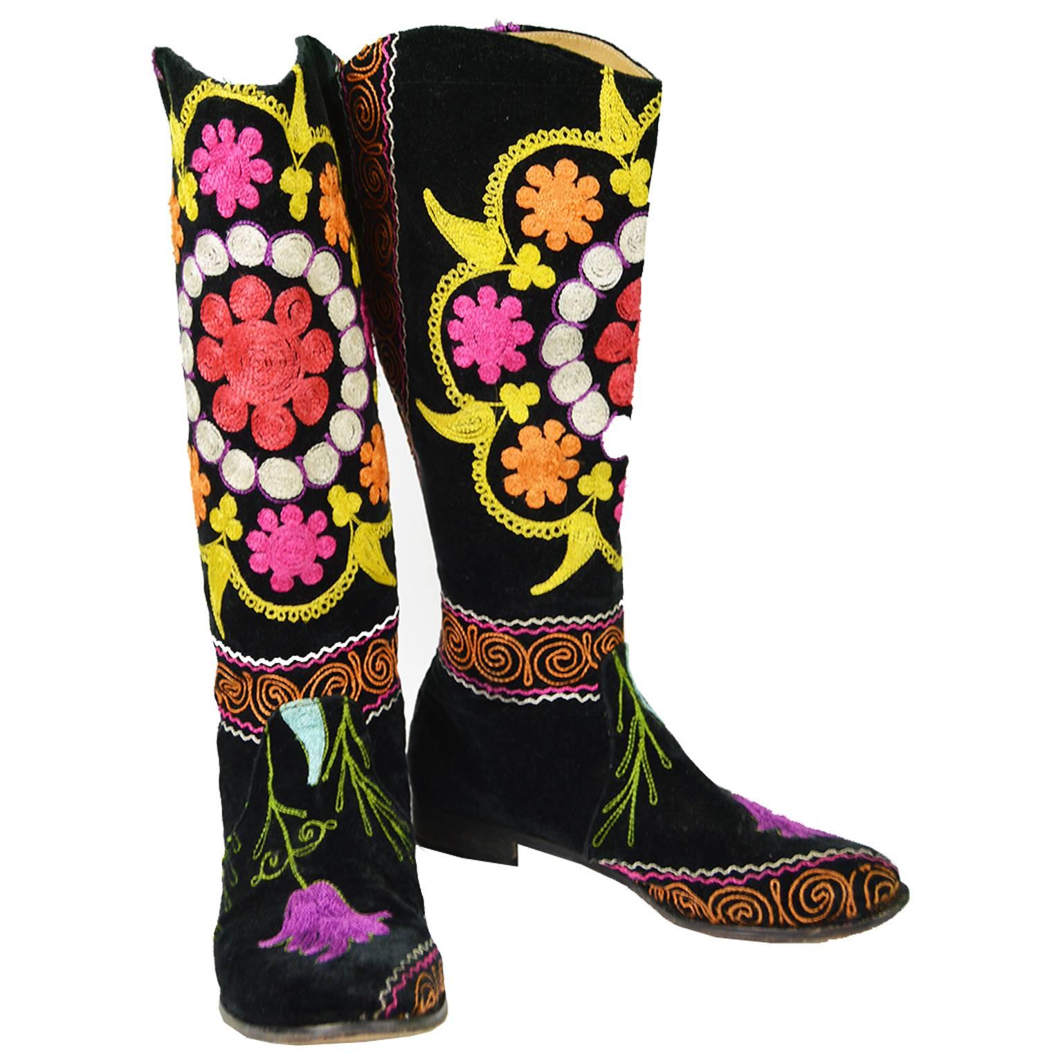 Vintage 1990s Black Velvet & Multicolored Turkish Embroidered Boho Boots For Sale