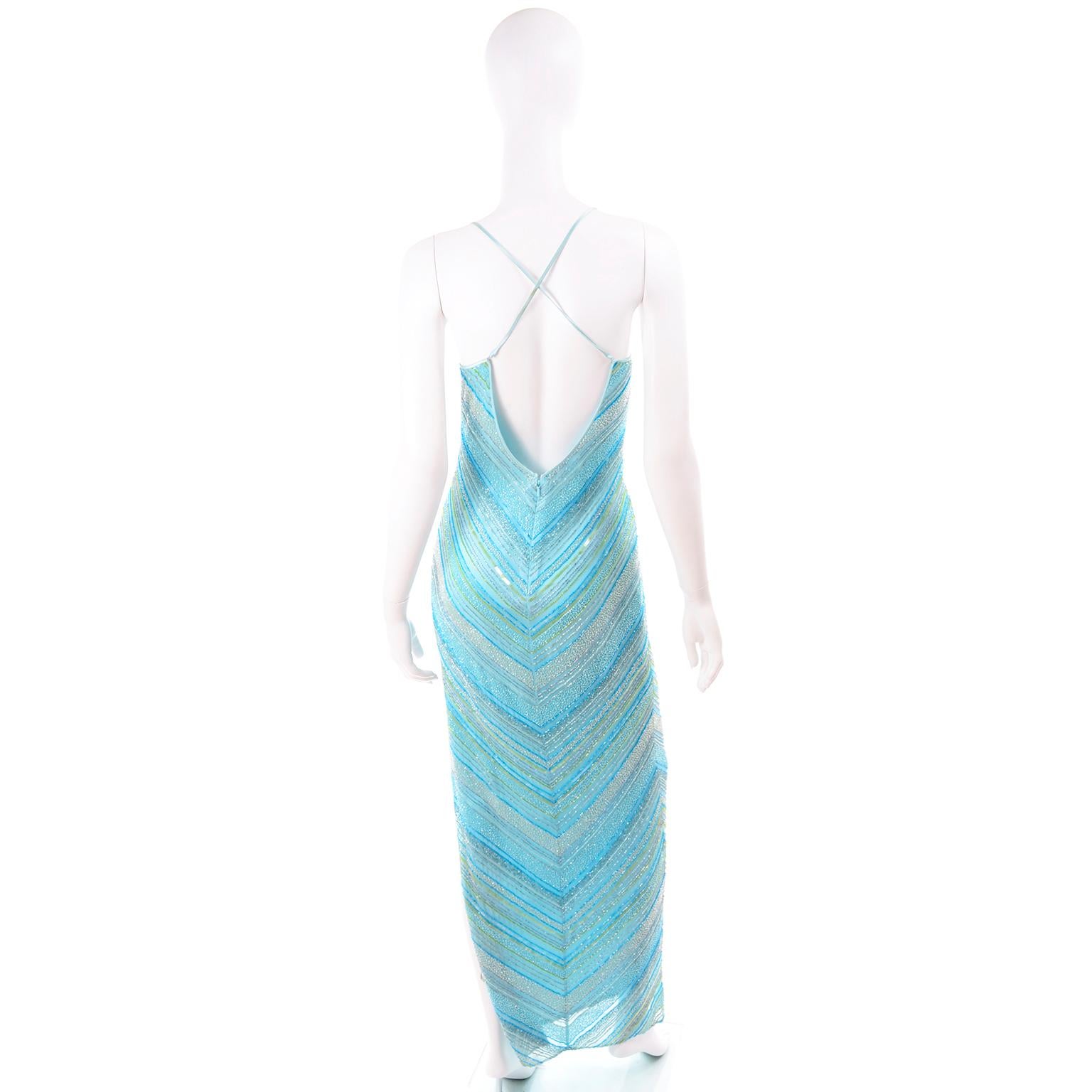 Vintage 1990s Multi Shades of Blue Silk Beaded Evening Dress W Low Scoop Back 1