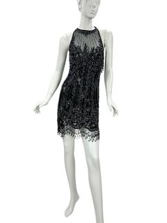 Vintage 1990s Bob Mackie Boutique Fully Beaded Black Fringe Cocktail Dress Small