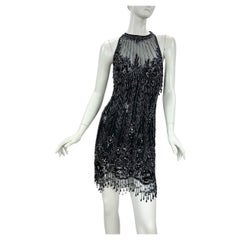 Vintage 1990s Bob Mackie Boutique Fully Beaded Black Fringe Cocktail Dress Small