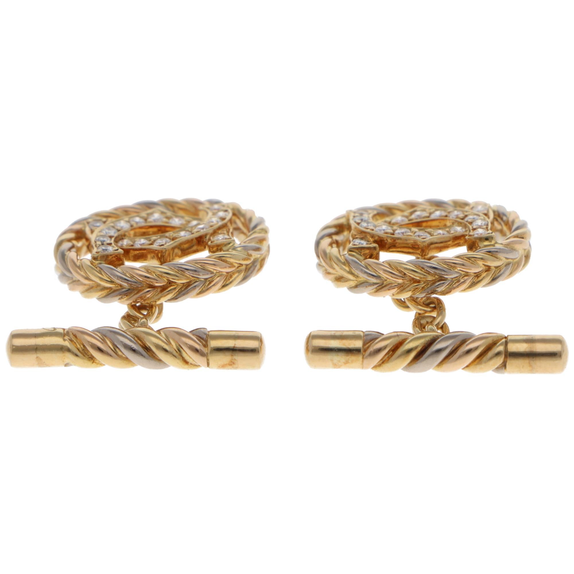 Gemelos de eslabón con cadena de diamantes C de Cartier vintage años 90 en Excelente estado para la venta en London, GB