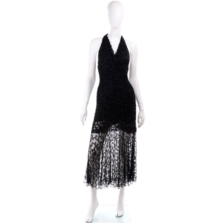 Vintage 1990s Carmen Marc Valvo Beaded Dress With Sheer Skirt at 1stDibs