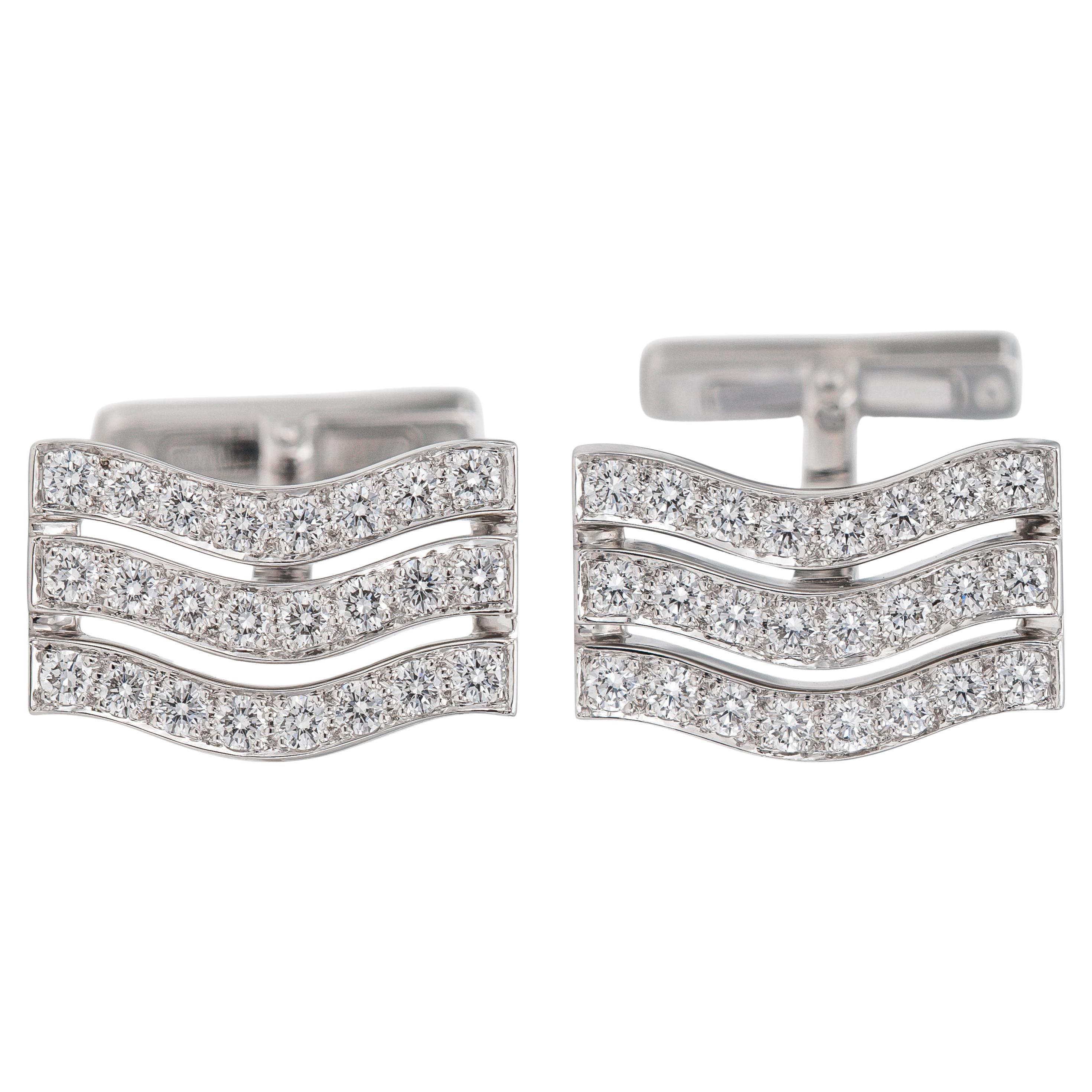 Gemelli da polso vintage anni '90 Cartier a 3 file di diamanti a onda in vendita