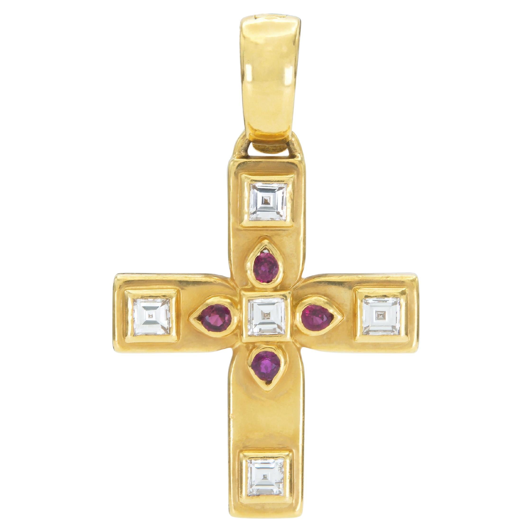 Vintage 1990s Cartier Byzantine Cross Pendant with Diamonds and Rubies For Sale