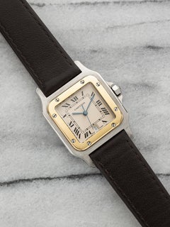 Vintage 1990s Cartier Santos 1566 18k Gold Quartz White Roman Numeral Dial