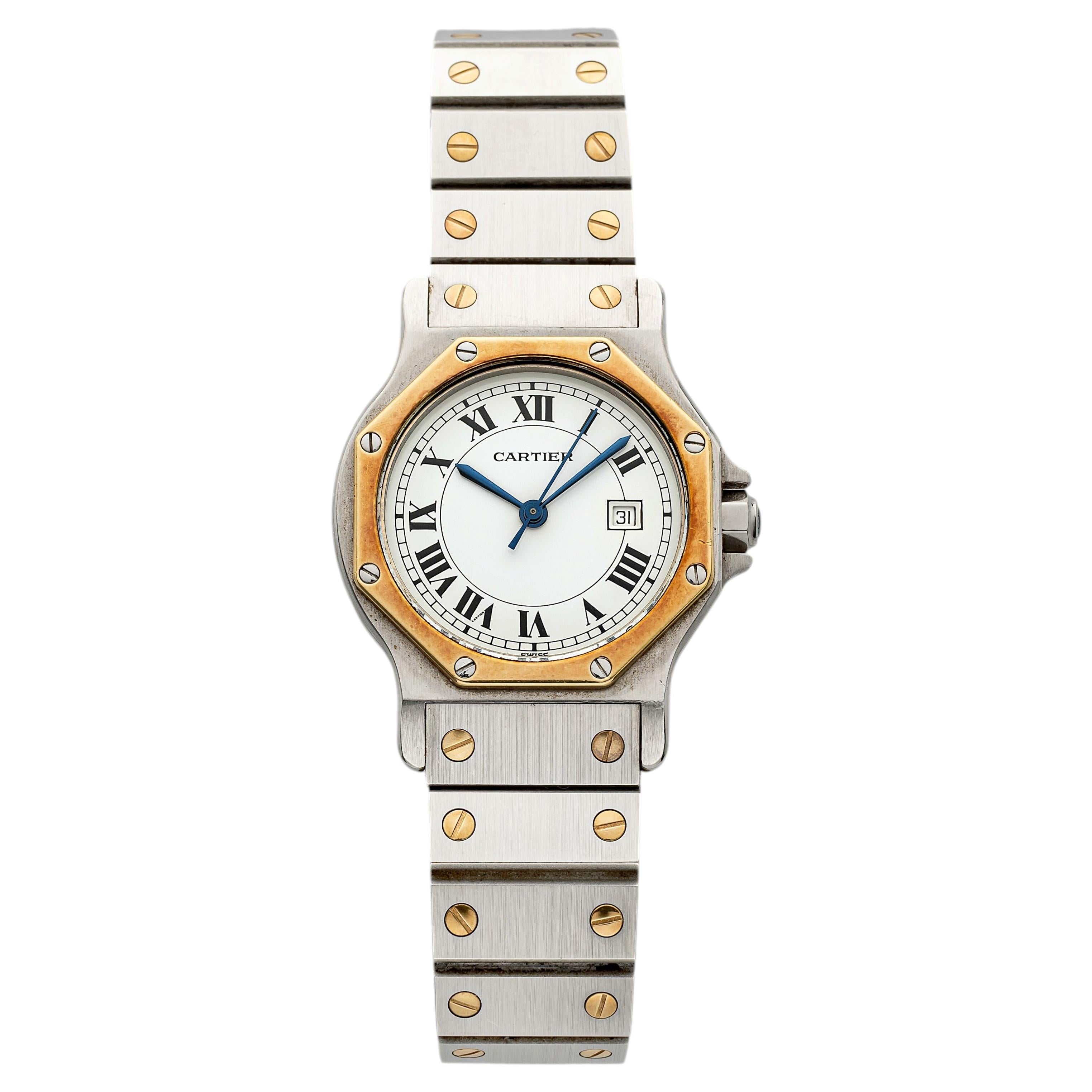 Vintage 1990s Cartier Santos Octagonal 2966 Two-Tone White Roman Dial Auto 30mm