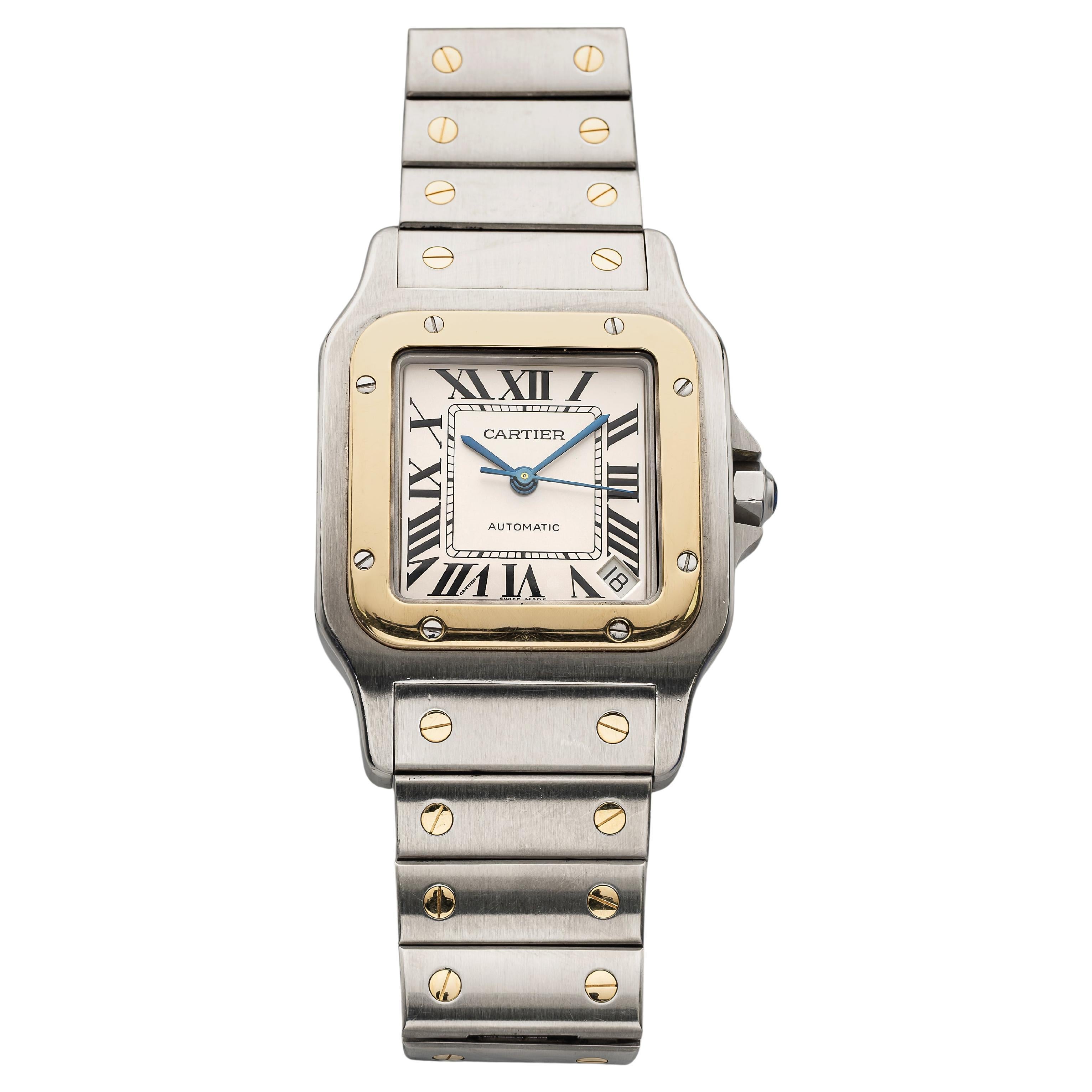 Vintage 1990s Cartier Santos Reference 2823 Two-Tone Automatic White Roman Dial For Sale