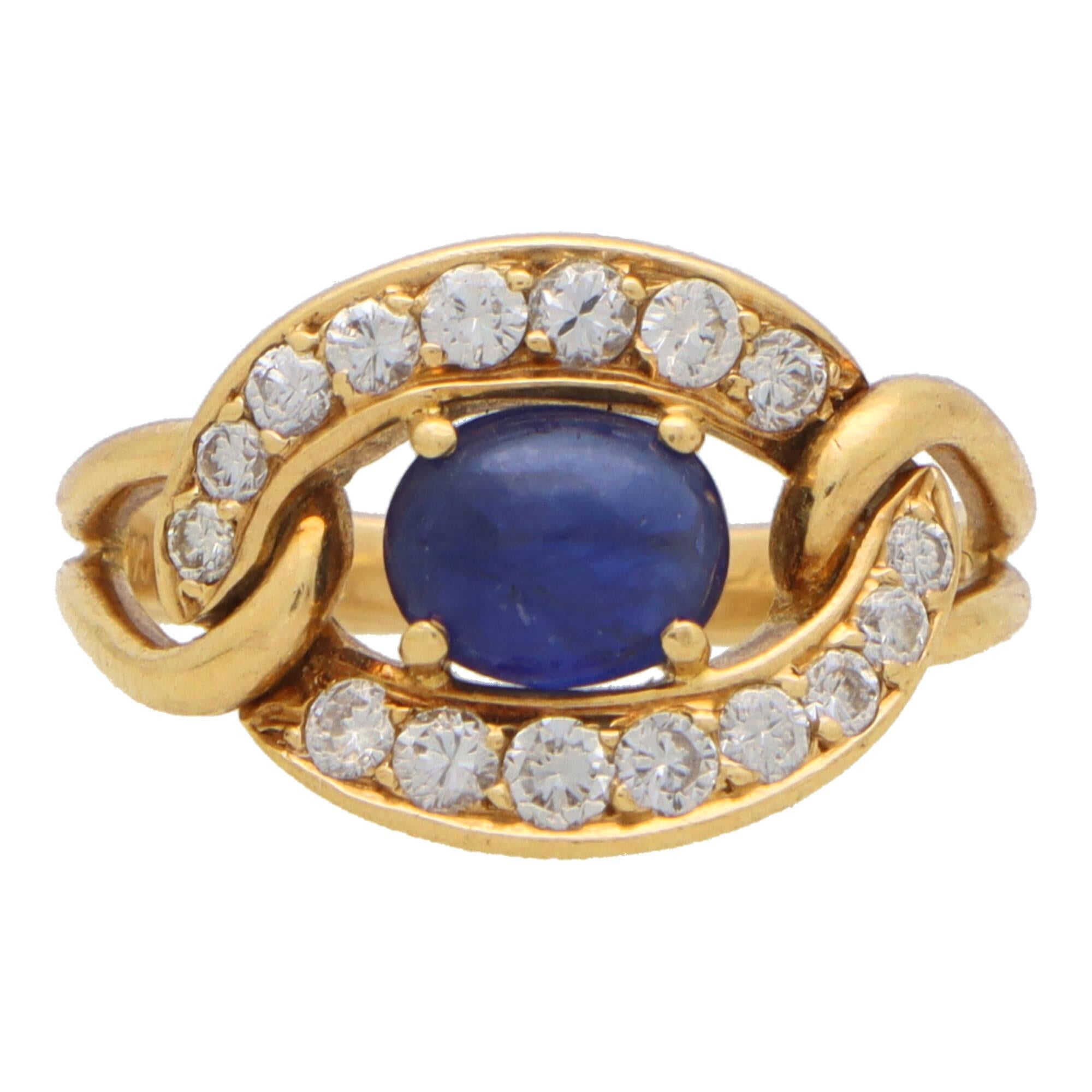 Cabochon Vintage 1990's Cartier Sapphire and Diamond Ring Set in 18k Yellow Gold