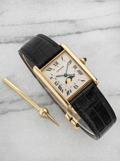 Vintage 1990 Cartier Tank 8190 18K YG Cream Moonphase Dial Quartz 23 mm