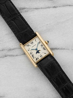 Vintage 1990s Cartier Tank Moonphase 8190 18K YG White Roman Dial Quartz 23 mm