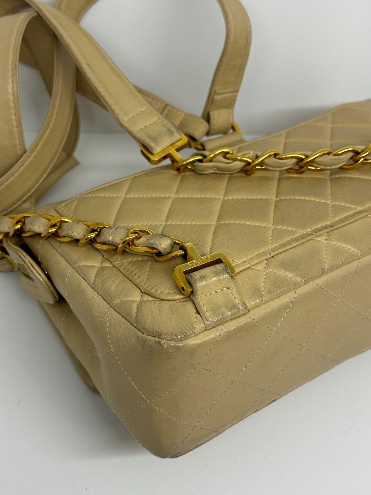 Vintage 1990s Chanel Beige Lambskin Quilted Medium Zip Flap Backpack For Sale 5