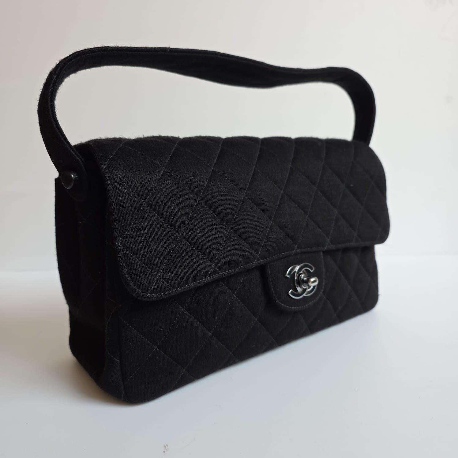 Vintage 1990s Chanel Black Jersey Medium Double Face Top Handle Bag For Sale 7