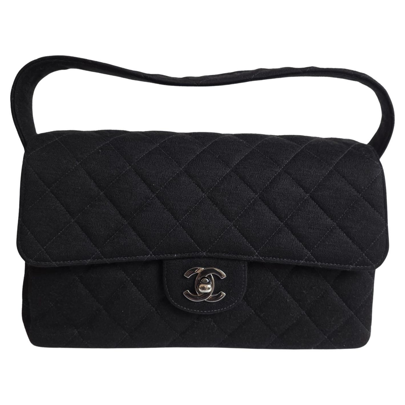 Vintage 1990s Chanel Black Jersey Medium Double Face Top Handle Bag For Sale
