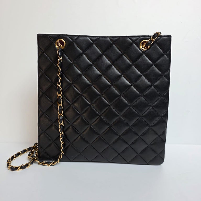 Vintage 1990s Chanel Black Lambskin Shopper Tote For Sale at 1stDibs