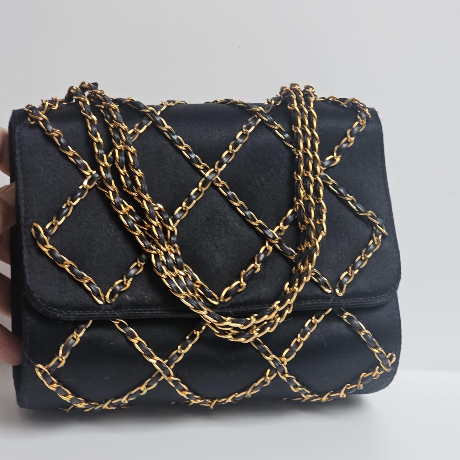 Vintage 1990s Chanel Black Mini Satin Quilted Chain Evening Bag im Angebot 7