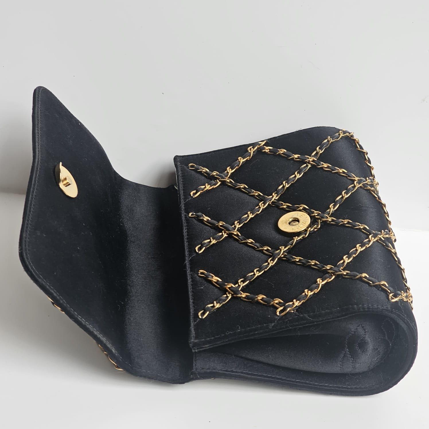 Vintage 1990s Chanel Black Mini Satin Quilted Chain Evening Bag im Angebot 13