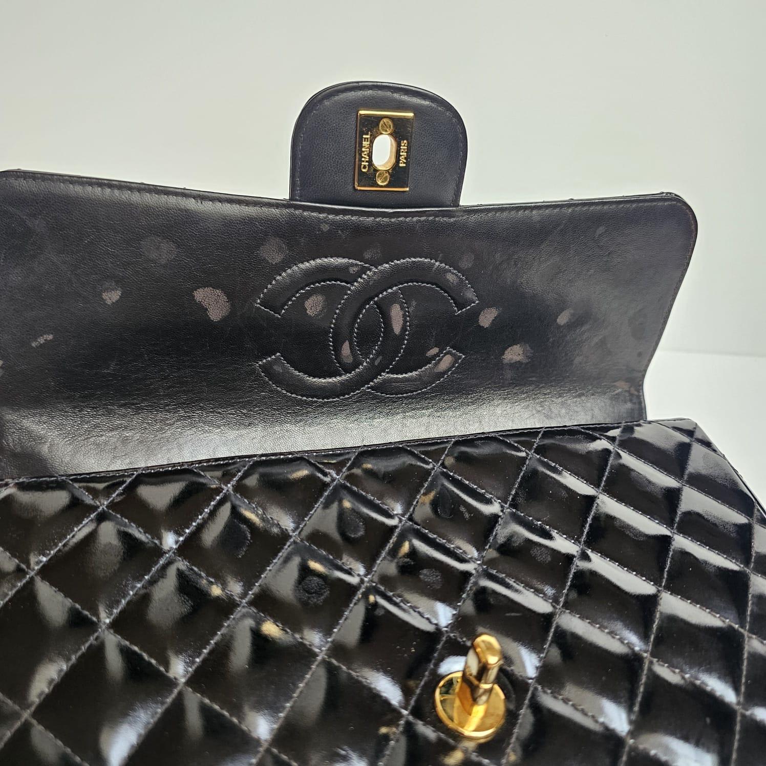 Vintage 1990s Chanel Black Patent Quilted Top Handle East West Flap Bag 6