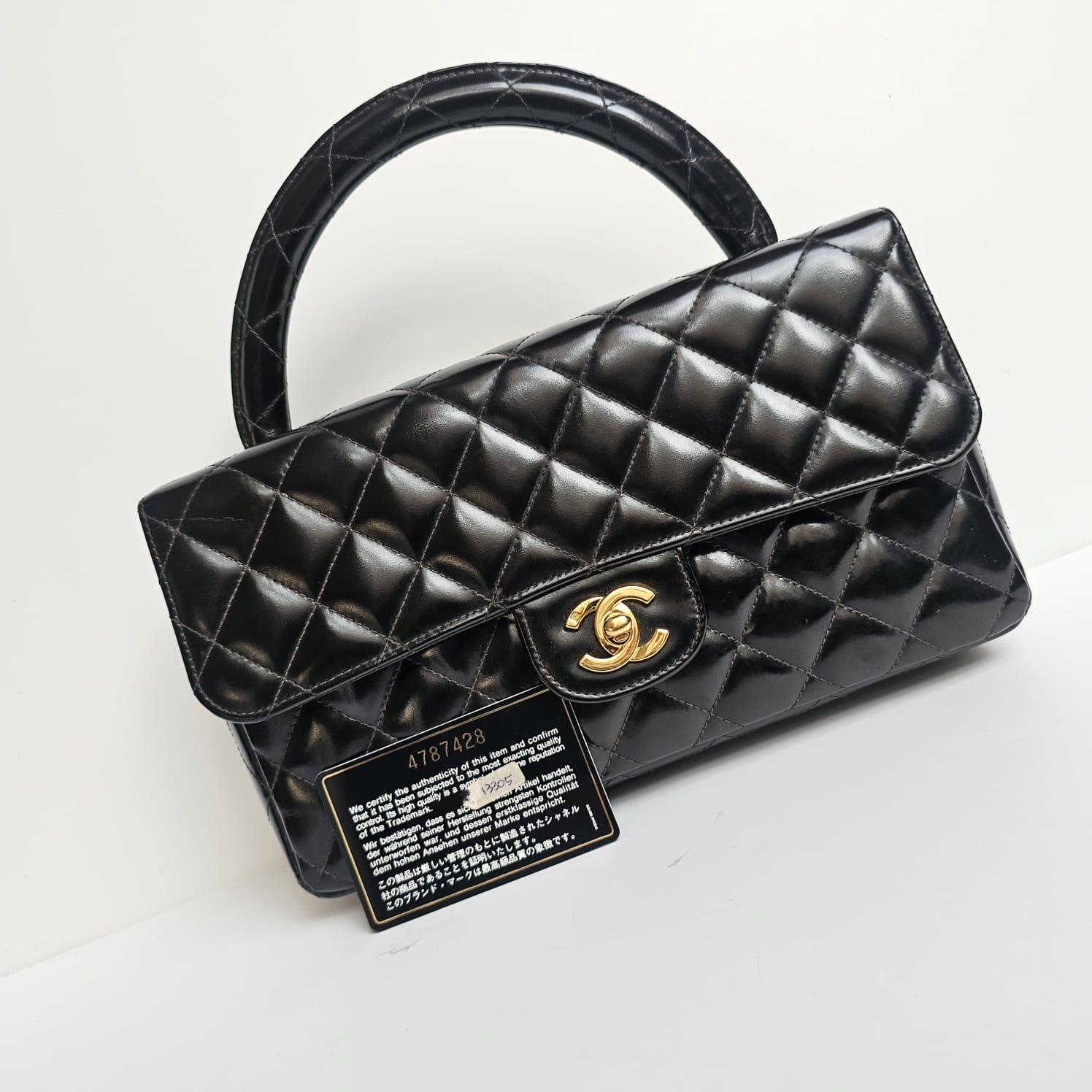 Vintage 1990s Chanel Black Patent Quilted Top Handle East West Flap Bag 9