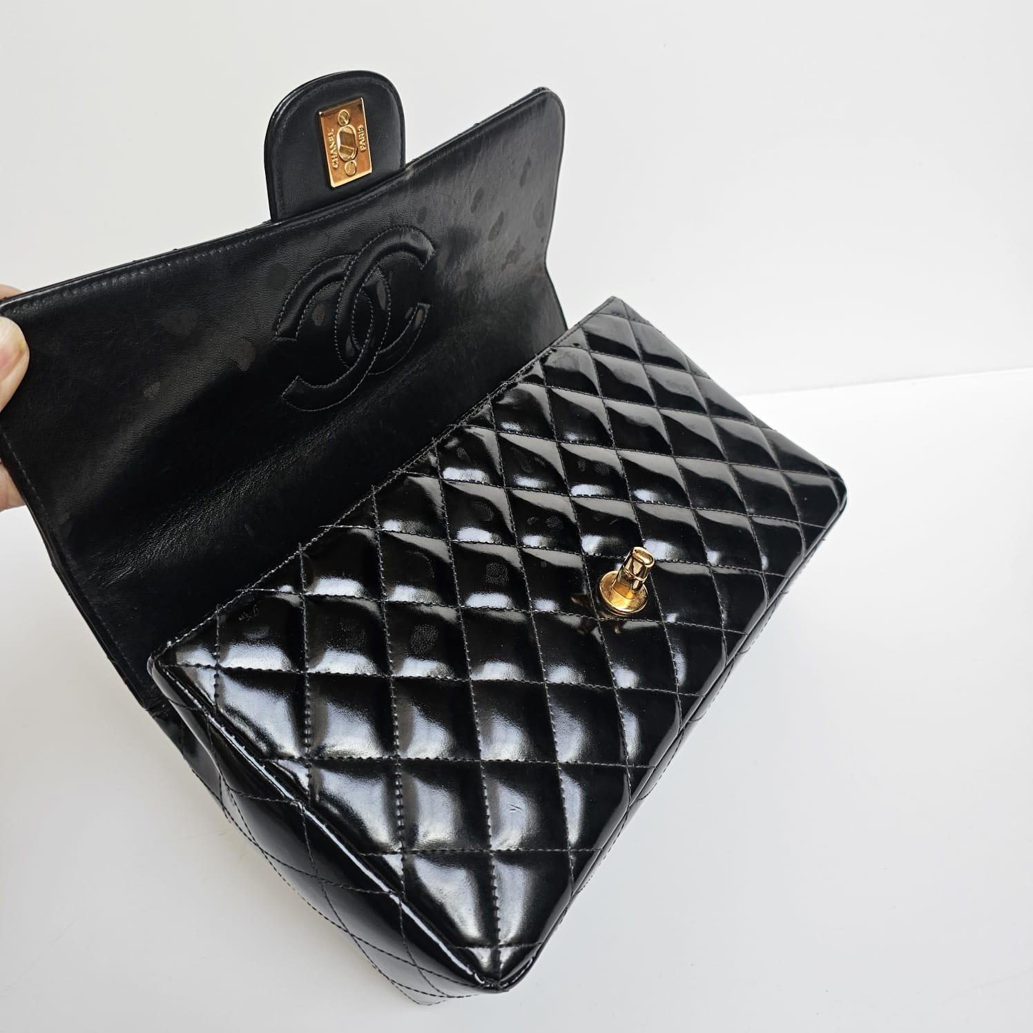 Vintage 1990s Chanel Black Patent Quilted Top Handle East West Flap Bag 11