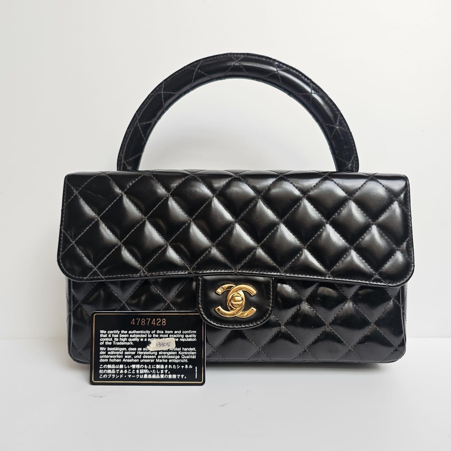 Vintage 1990s Chanel Black Patent Quilted Top Handle East West Flap Bag 12